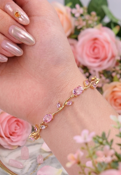 The Enchanted Pink Tulip Vine Bracelet | Delicate Gold & Crystal Floral Jewelry