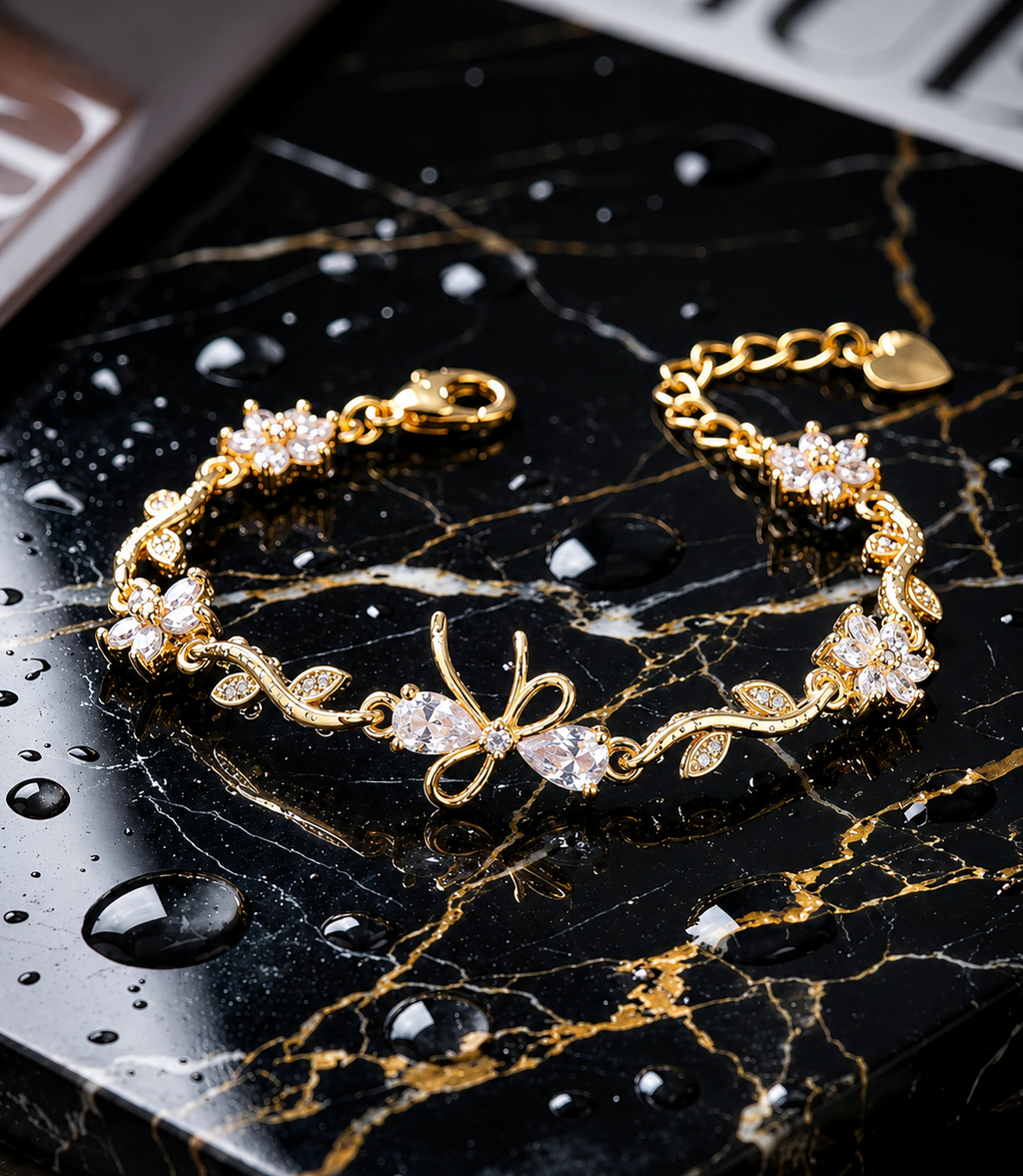 Jelora Bow Tulip Crystal Bracelet – Elegant Floral Gold-Plated Bracelet for Women