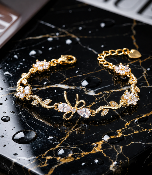 Jelora Bow Tulip Crystal Bracelet – Elegant Floral Gold-Plated Bracelet for Women