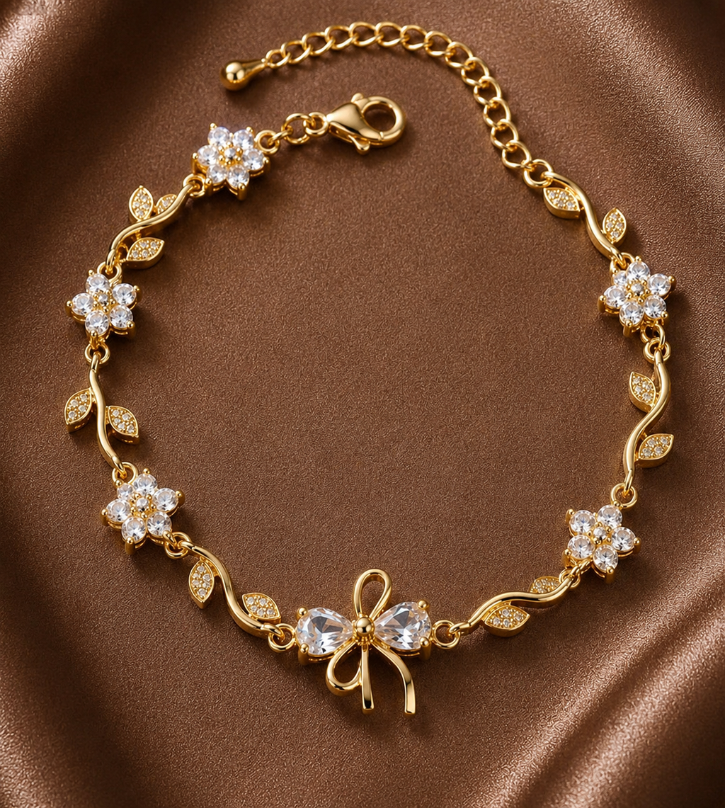 Jelora Bow Tulip Crystal Bracelet – Elegant Floral Gold-Plated Bracelet for Women